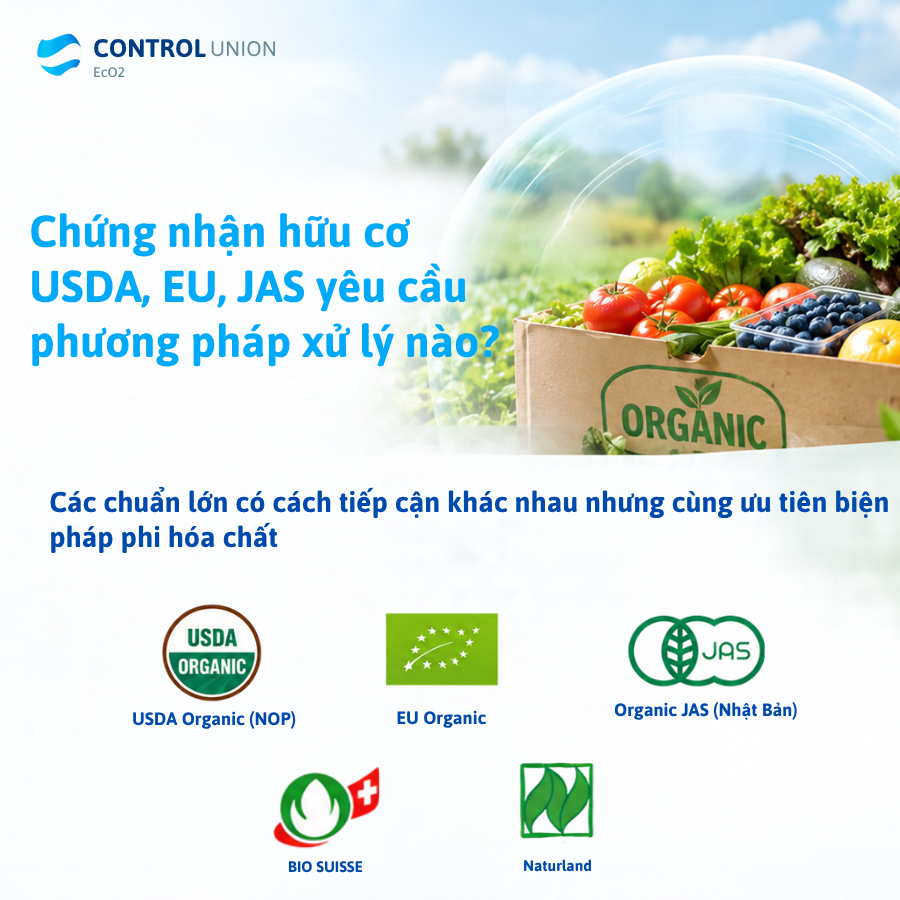 Chứng nhận hữu cơ USDA, EU, JAS yêu cầu phương pháp xử lý nào